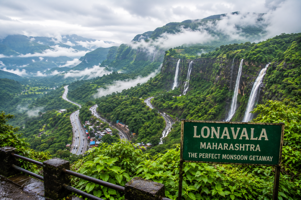 Lonavala Maharashtra during monsoon featuring lush green valleys, waterfalls, misty mountains, and scenic roads