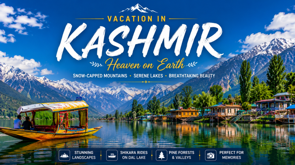 Scenic Kashmir landscape featuring Dal Lake, Shikara boat, snow-capped mountains, and houseboats