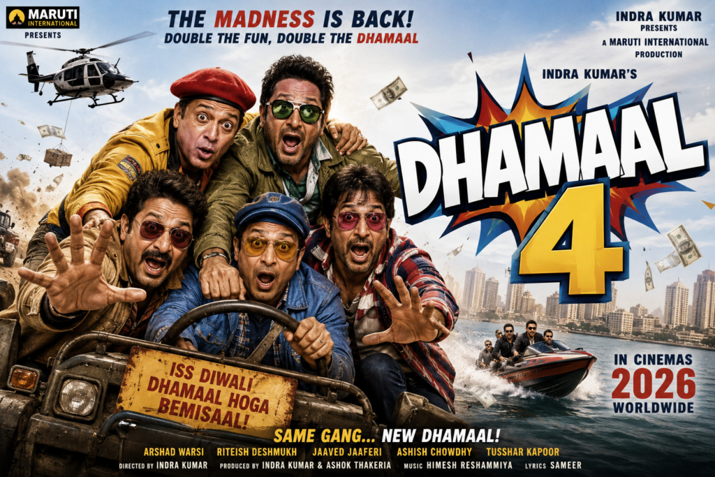 Dhamaal 4 2026 movie poster featuring comedy adventure, funny characters, jeep chase, speedboats, and colorful cinematic visuals