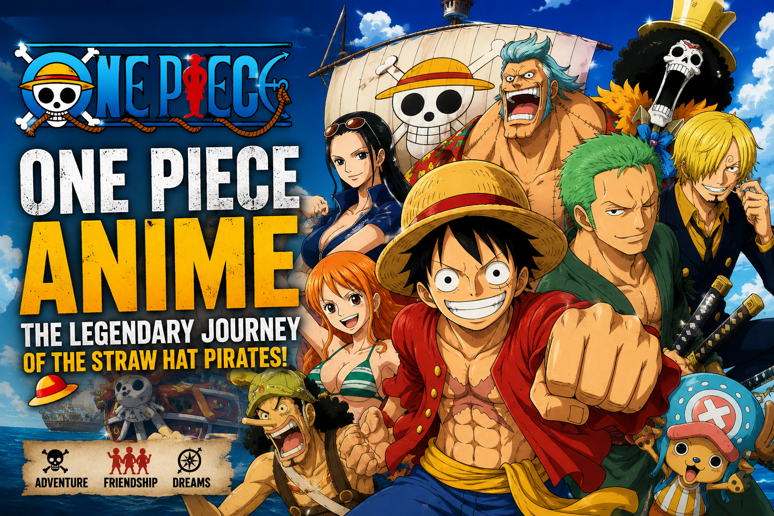 One Piece Anime feature image showcasing Monkey D. Luffy and the Straw Hat Pirates on an epic adventure across the seas