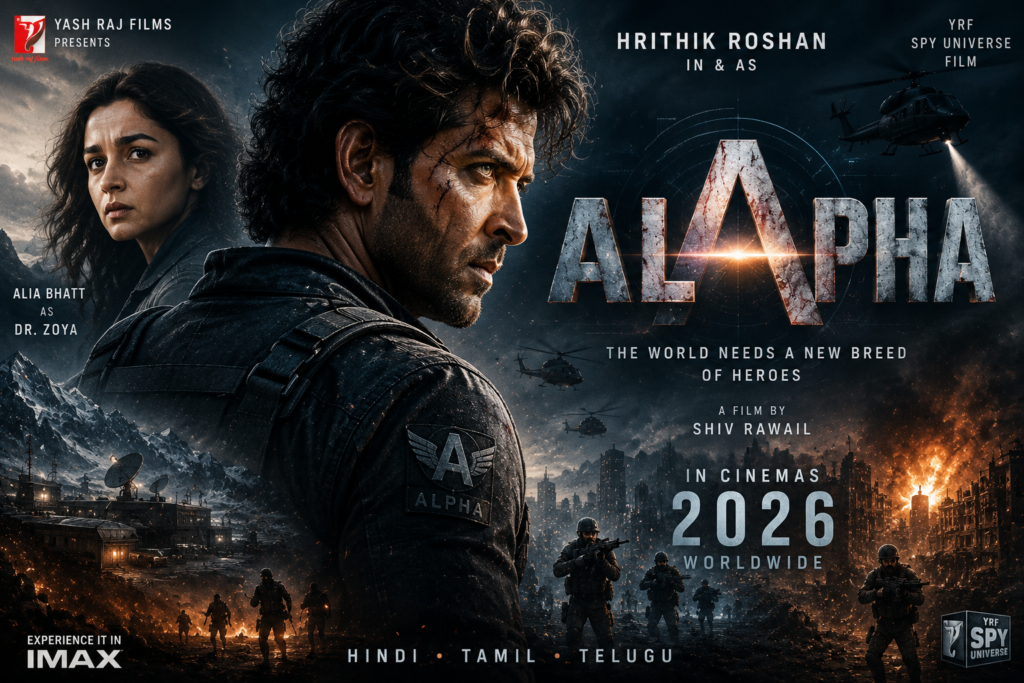 Alpha 2026 movie poster featuring Alia Bhatt, spy action thriller theme, helicopters, military operations, and cinematic visuals