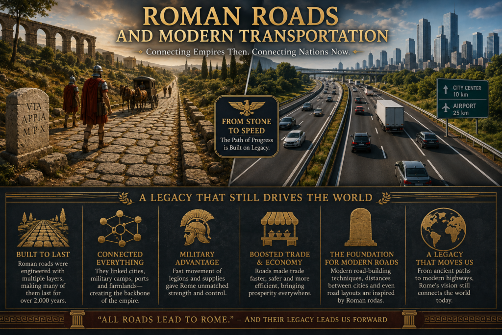 Roman roads and modern transportation showing how Roman road networks influenced today's highways and travel systems