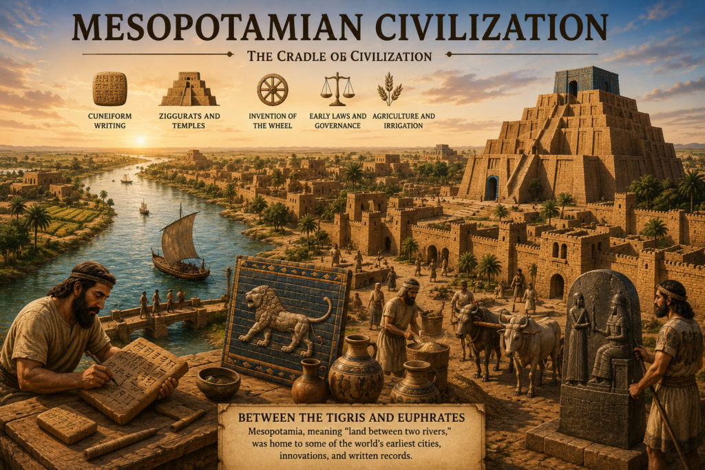 Mesopotamian Civilization featuring Babylon, ziggurats, cuneiform writing, and the Tigris and Euphrates rivers.