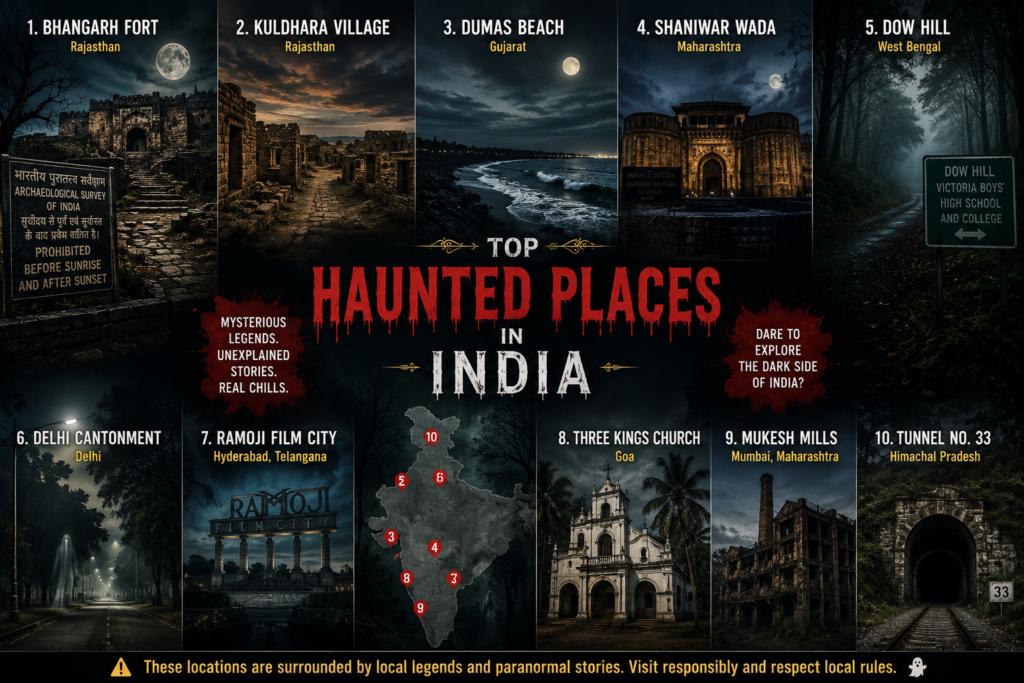 Haunted Places in India featured image showing Bhangarh Fort, abandoned ruins, a full moon, eerie fog, and a spooky atmosphere representing India's most mysterious haunted locations.
