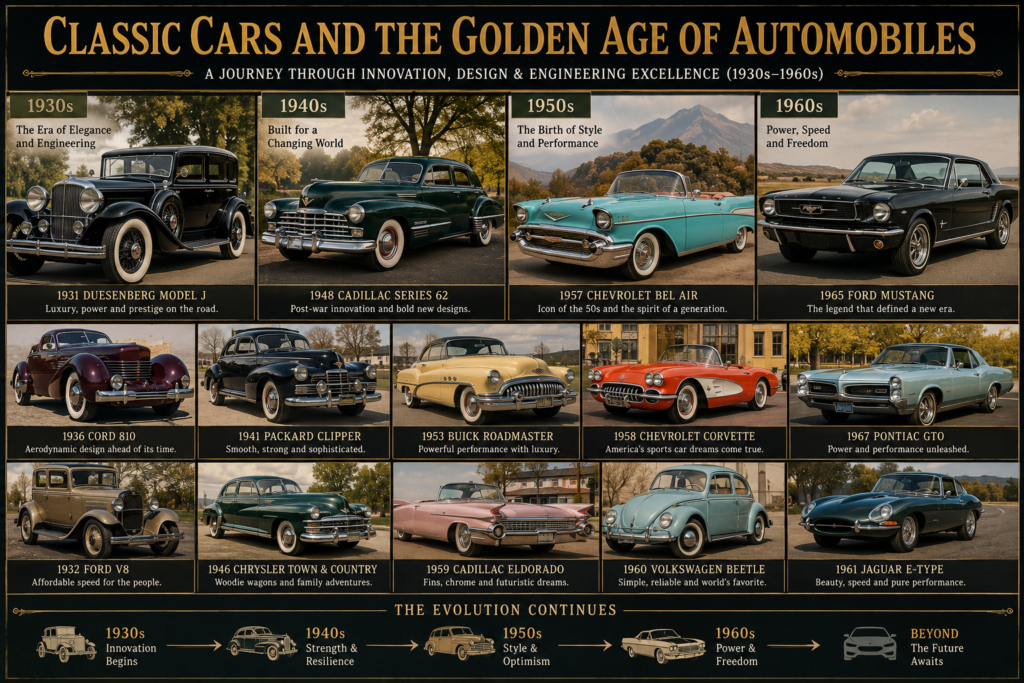 Classic cars from the 1930s to 1960s showing the Evolution of Cars during the golden age of automobiles
