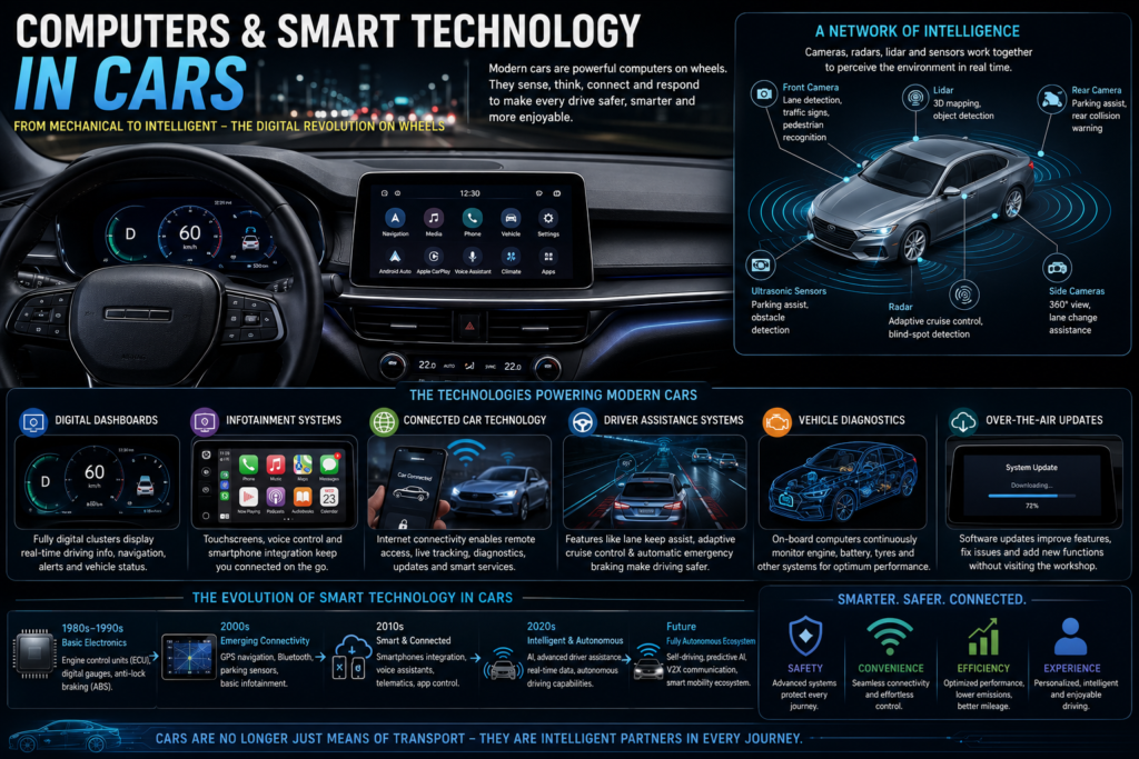 Digital dashboards, sensors, cameras, and connected technology showing smart systems in the Evolution of Cars