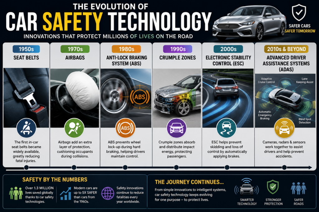Seat belts, airbags, ABS, crumple zones, and ADAS showing safety technology in the Evolution of Cars