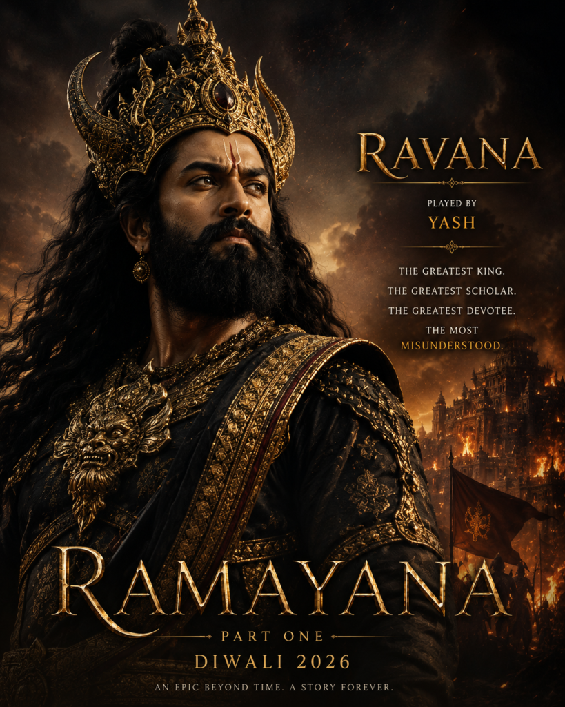 Ravana character look from Ramayana (2026) featuring Yash in majestic black-and-gold armor with a royal crown and intense expression.