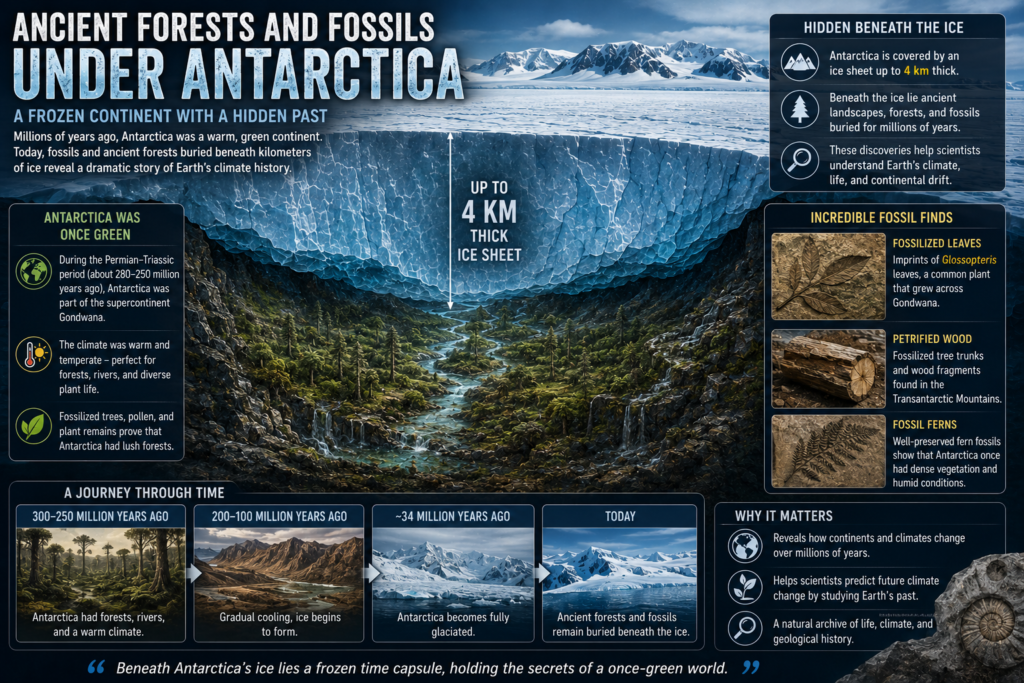 Ancient forests and fossils under Antarctica showing preserved fossilized trees, prehistoric plant life, and ancient landscapes buried beneath the Antarctic ice sheet for millions of years.