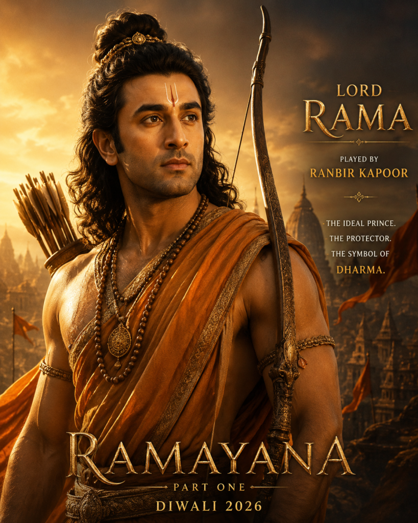 Lord Rama character look from Ramayana (2026) featuring Ranbir Kapoor in traditional attire with a bow and arrow.
