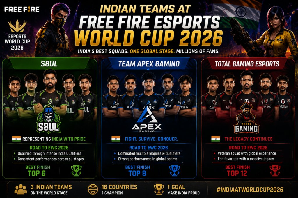 Indian teams competing at the Free Fire Esports World Cup 2026, showcasing their squads and representing India on the global esports stage.