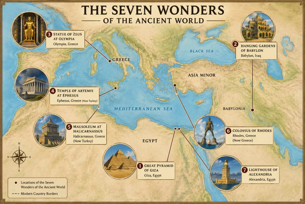 Map showing the locations of the Seven Wonders of the Ancient World across Egypt, Iraq, Turkey, and Greece.