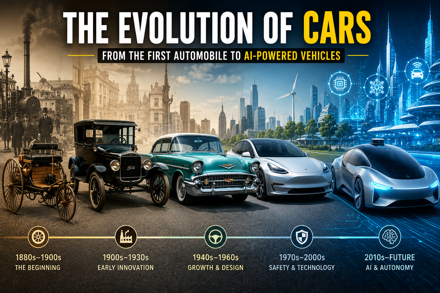 Evolution of Cars from the first automobile to modern AI-powered vehicles
