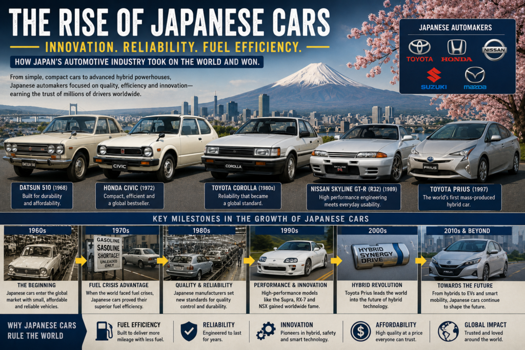 Japanese cars showing fuel efficiency, reliability, and innovation in the Evolution of Cars