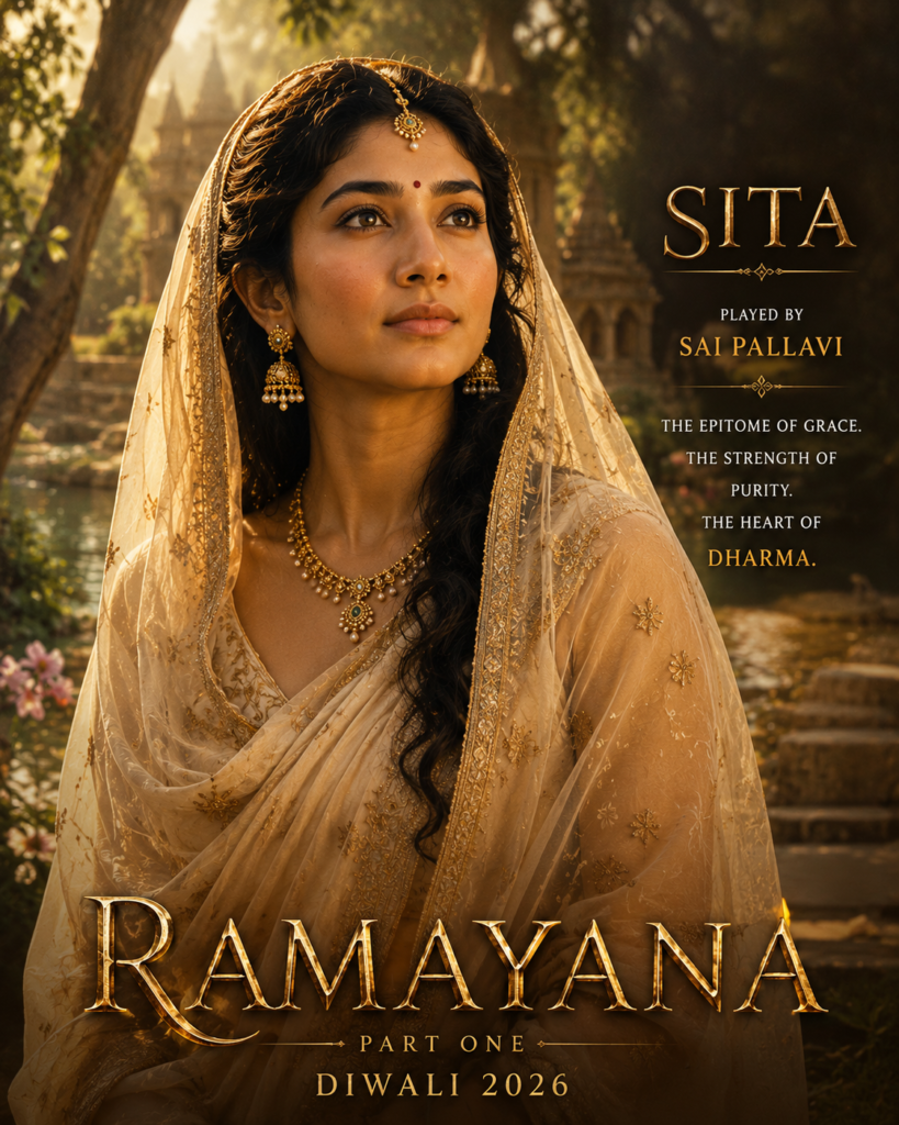 Sita character look from Ramayana (2026) featuring Sai Pallavi in elegant traditional attire.