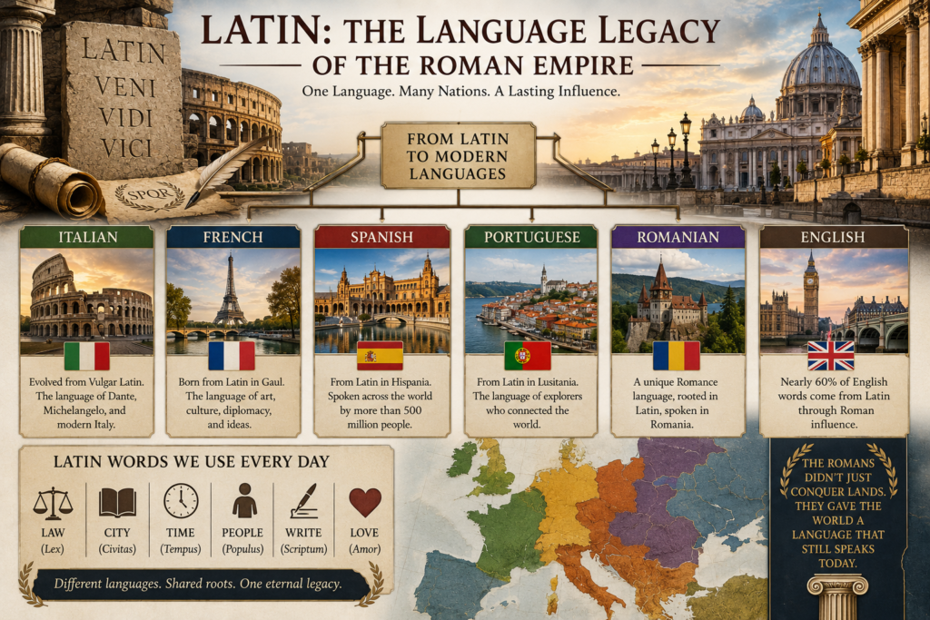 Latin language influencing modern languages including English, French, Spanish, Italian, Portuguese, and Romanian