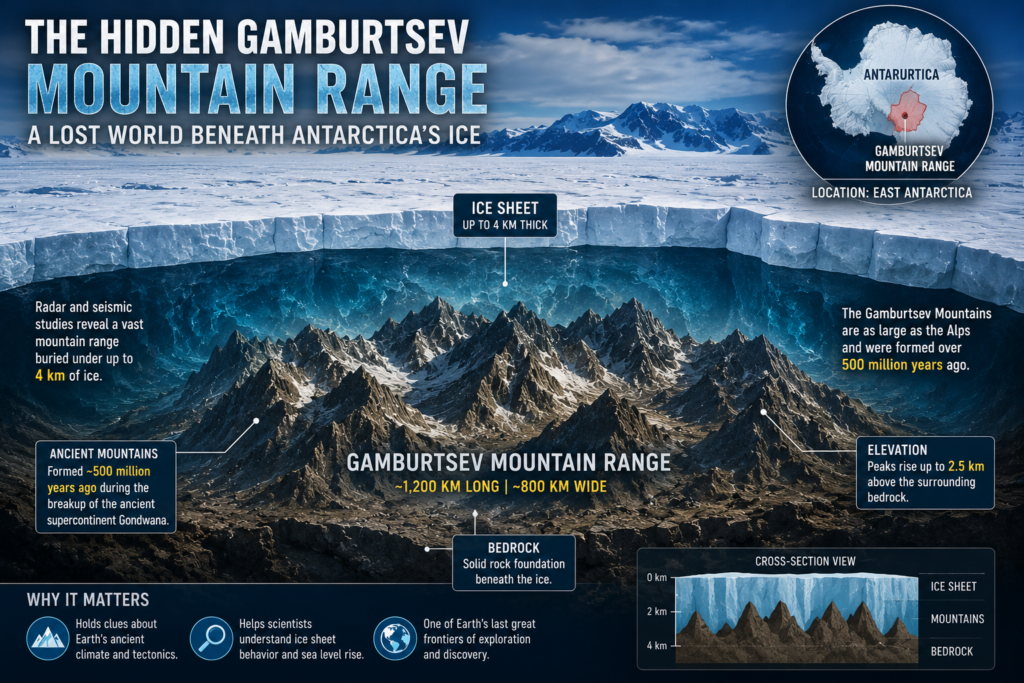 Hidden Gamburtsev Mountain Range beneath Antarctica's 4 km thick ice sheet showing the ancient subglacial mountain range buried deep below the Antarctic ice.