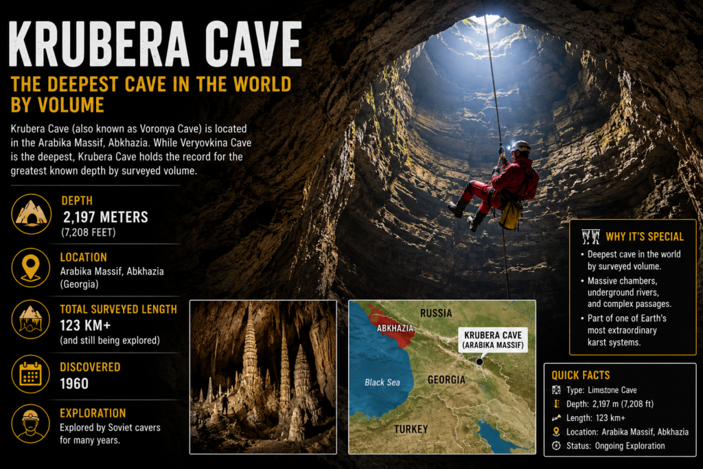 Krubera Cave (Voronya Cave) showing a cave explorer descending into one of the world's deepest underground cave systems with massive rock formations.
