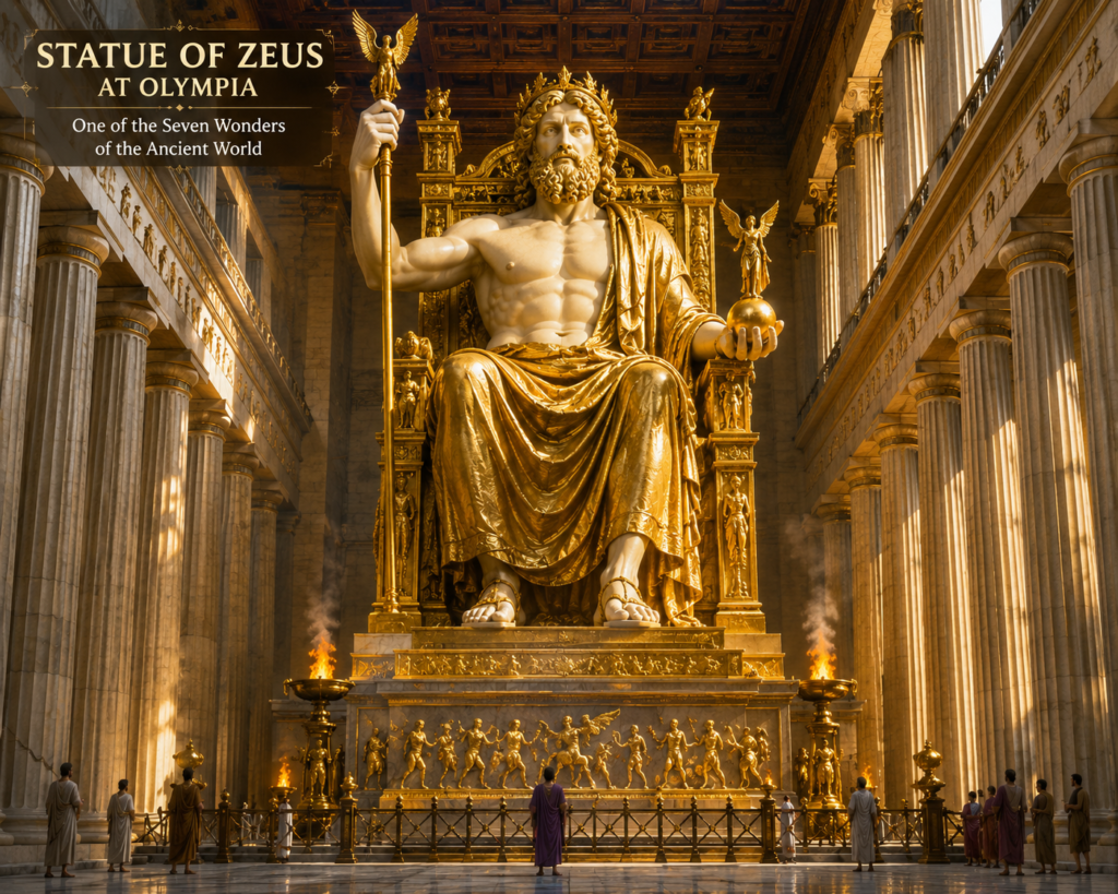 Statue of Zeus at Olympia, one of the magnificent Seven Wonders of the Ancient World, seated on a grand golden throne.