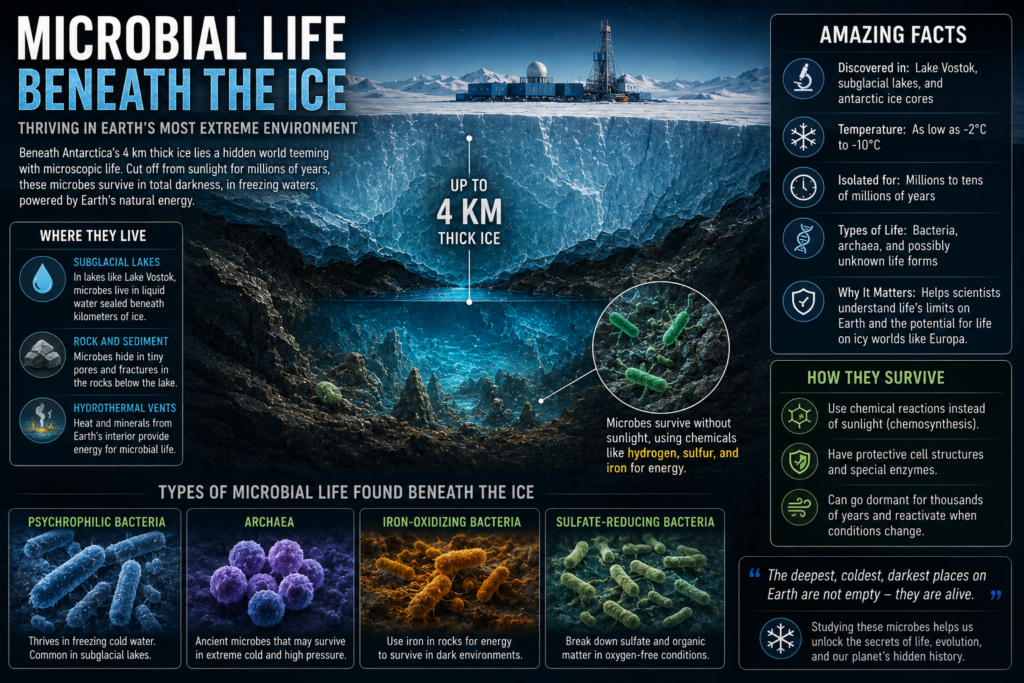 Microbial life beneath the Antarctic ice showing ancient bacteria and other microorganisms surviving in subglacial lakes beneath 4 km of Antarctica's ice sheet without sunlight.