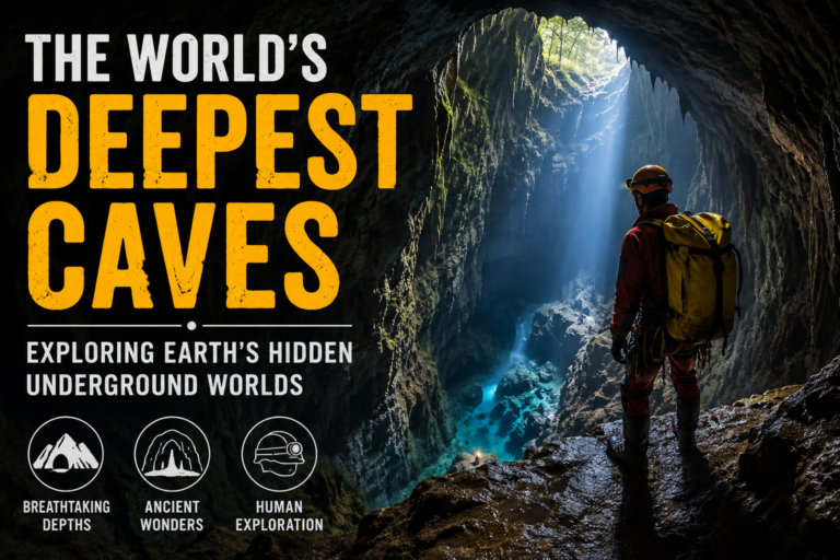 Explorer standing inside one of the world's deepest caves with towering rock formations, a deep underground chamber, and sunlight entering through the cave opening.