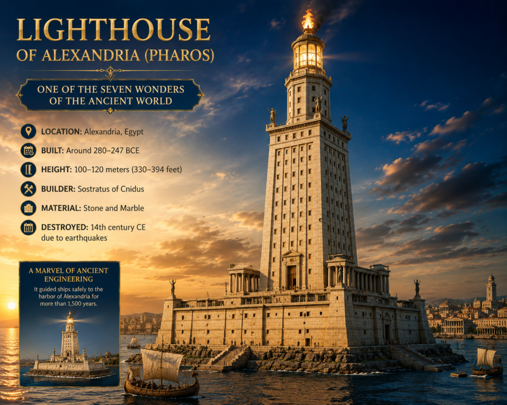 Lighthouse of Alexandria (Pharos), one of the Seven Wonders of the Ancient World, guiding ships safely into the ancient Egyptian harbor.
