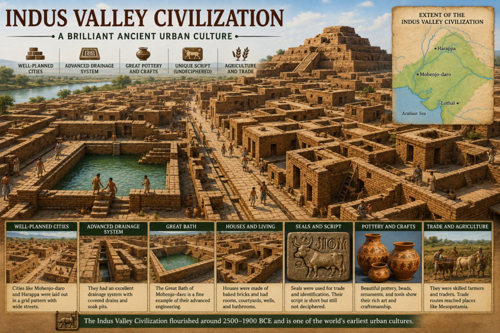Indus Valley Civilization featuring Mohenjo-daro, Harappa, advanced drainage systems, and planned cities.