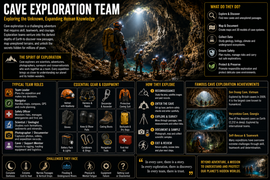 Professional cave exploration team equipped with helmets, ropes, headlamps, and climbing gear exploring one of the world's deepest underground cave systems.