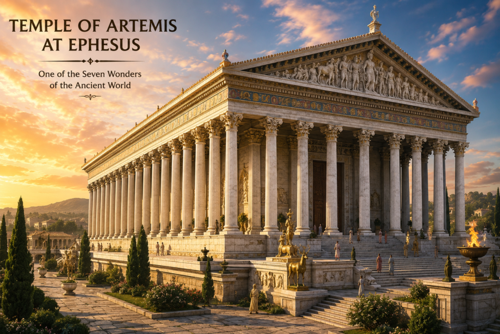 Temple of Artemis at Ephesus, one of the famous Seven Wonders of the Ancient World, featuring magnificent marble columns and ancient Greek architecture.
