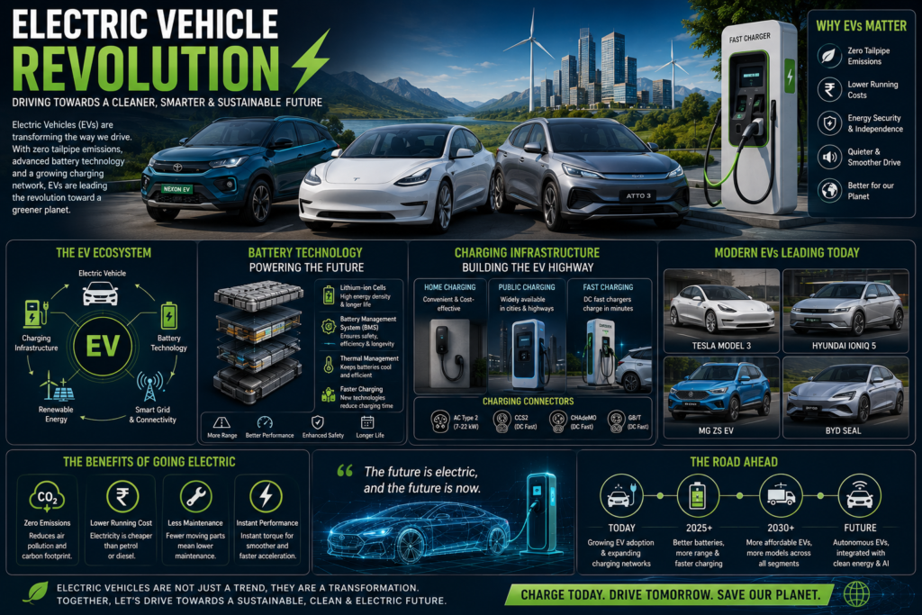 Modern electric vehicles, battery technology, and charging infrastructure showing the EV revolution in the Evolution of Cars