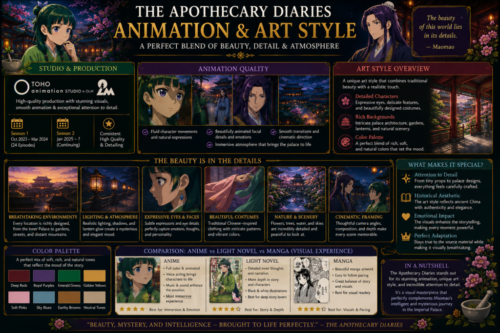 The Apothecary Diaries animation and art style featuring Maomao, Jinshi, detailed Imperial Palace backgrounds, character designs, and beautiful historical anime visuals.