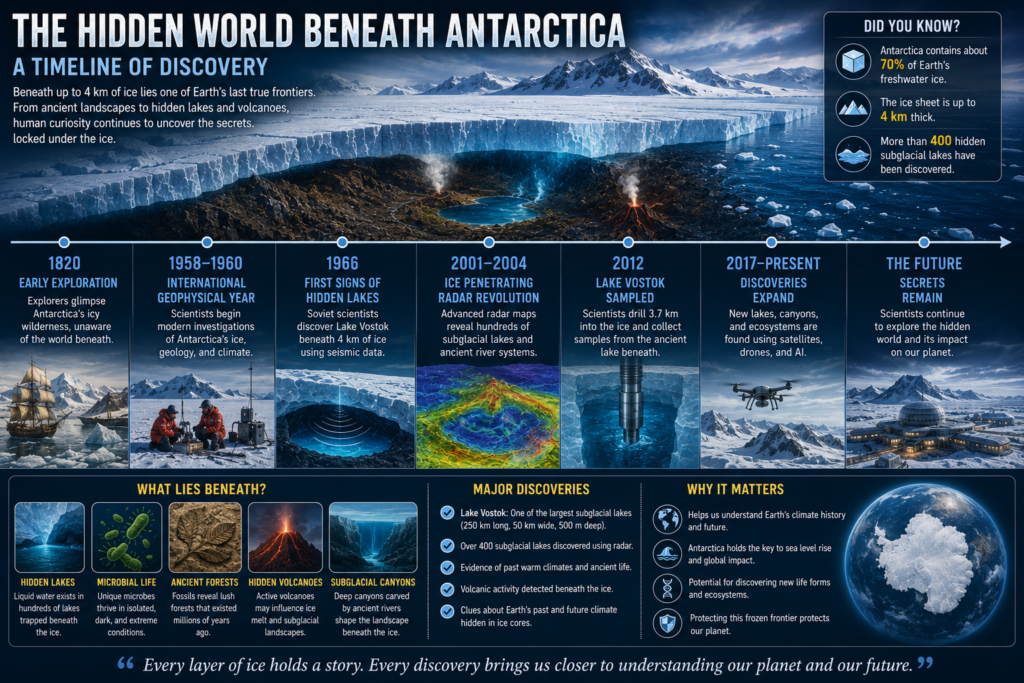 Hidden World Beneath Antarctica timeline showing major discoveries beneath Antarctica's 4 km thick ice, including hidden mountains, subglacial lakes, microbial life, ancient forests, volcanoes, and scientific exploration through the years.