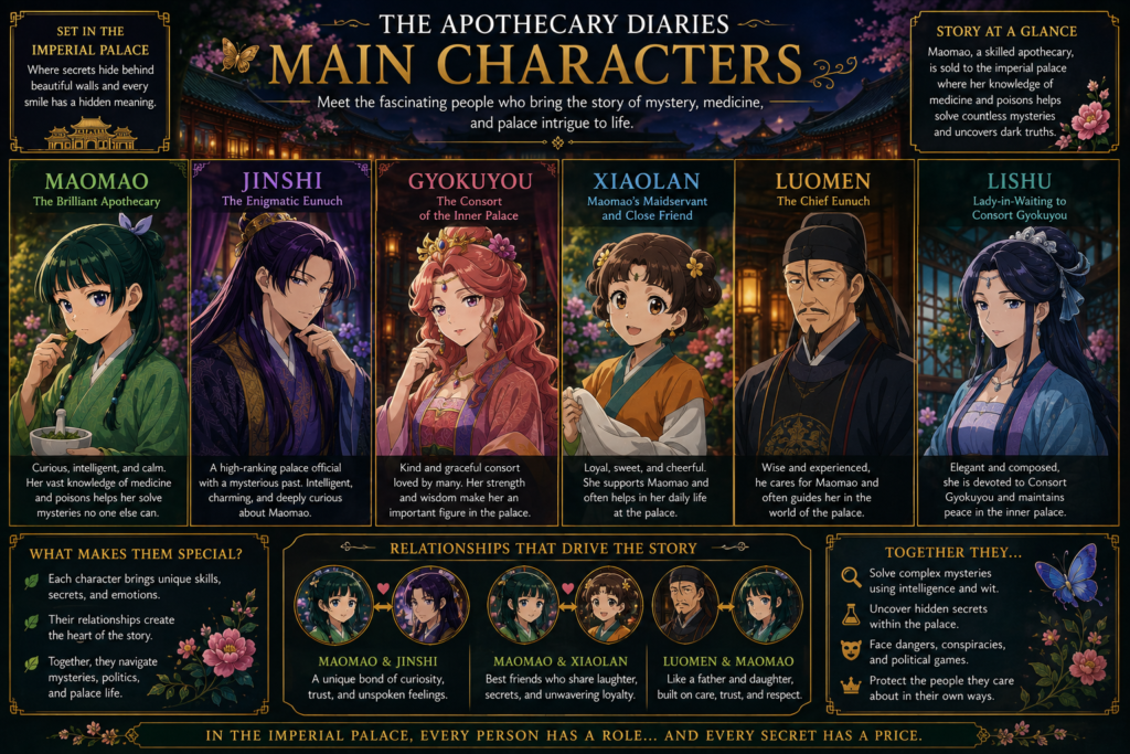 Main characters from The Apothecary Diaries featuring Maomao, Jinshi, Gyokuyou, Xiaolan, Luomen, and Lishu in the Imperial Palace.