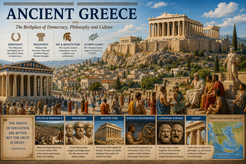 Ancient Greece featuring the Parthenon, Acropolis of Athens, Greek philosophers, and classical architecture.