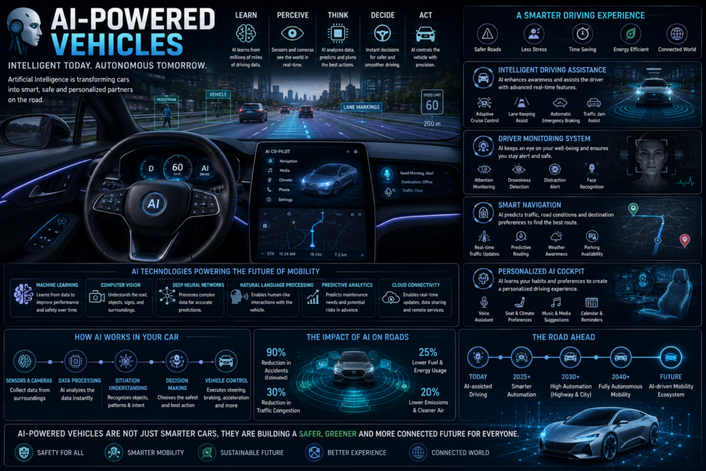 AI-powered vehicles with intelligent driving assistance, driver monitoring, and smart navigation in the Evolution of Cars