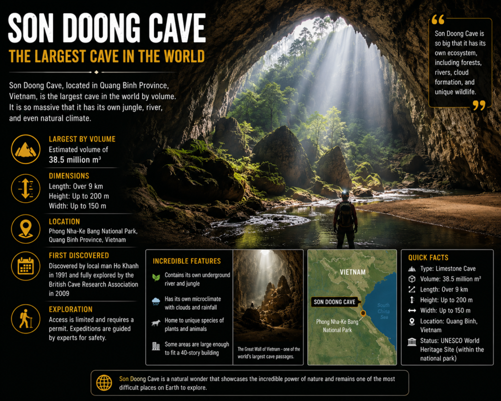 Son Doong Cave in Vietnam featuring a massive underground chamber, lush jungle, underground river, and sunlight streaming through a giant cave opening.