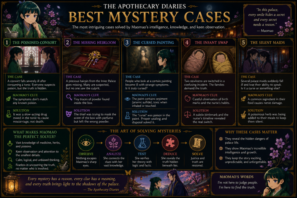 Best mystery cases in The Apothecary Diaries featuring Maomao solving palace mysteries, poison investigations, hidden conspiracies, and Imperial Palace secrets.