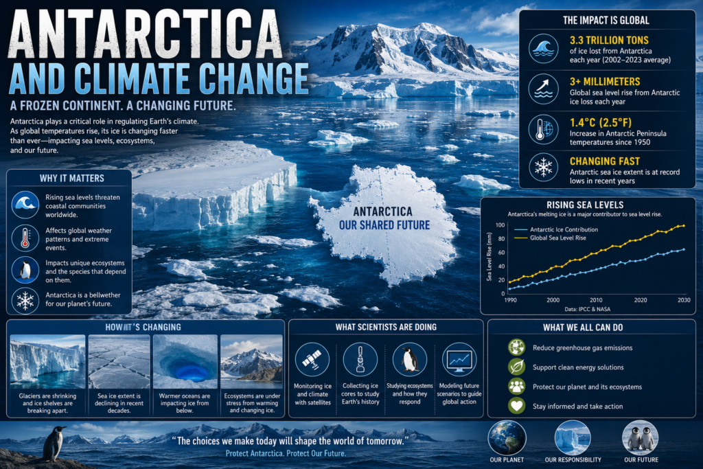 Antarctica and climate change showing melting glaciers, shrinking ice sheets, rising sea levels, and the impact of global warming on Antarctica's frozen environment and Earth's climate.