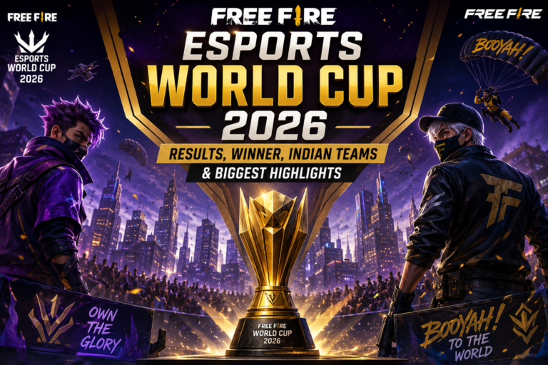 Free Fire Esports World Cup 2026 feature image showing the championship trophy, esports players, tournament arena, and highlights of the global competition.