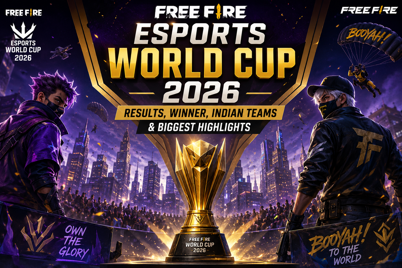 Free Fire Esports World Cup 2026 feature image showing the championship trophy, esports players, tournament arena, and highlights of the global competition.