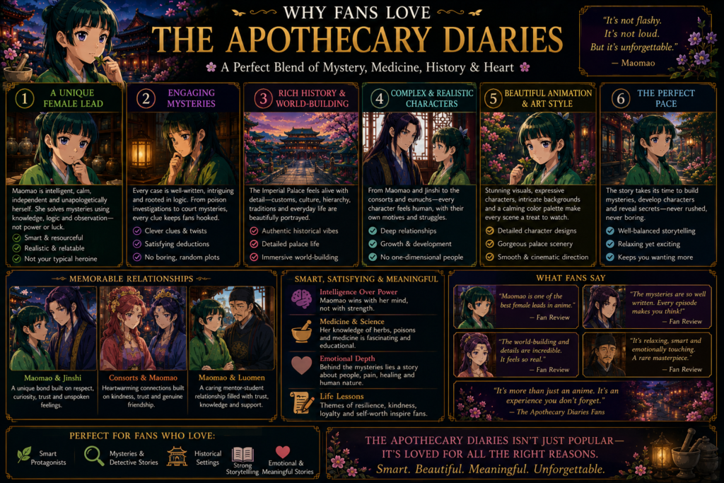 Why fans love The Apothecary Diaries featuring Maomao, Jinshi, engaging mysteries, beautiful animation, historical setting, and memorable characters.