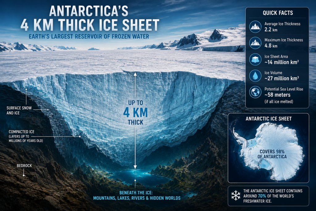Antarctica's 4 km thick ice sheet showing the massive Antarctic ice layer, compacted ice, bedrock, and the hidden landscape beneath Earth's largest ice sheet.