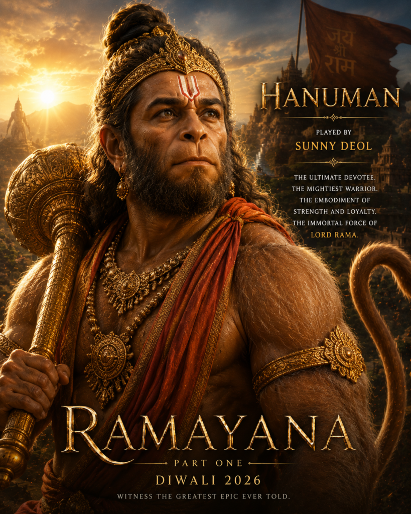Hanuman character look from Ramayana (2026) featuring Sunny Deol holding a golden mace in a powerful mythological appearance.