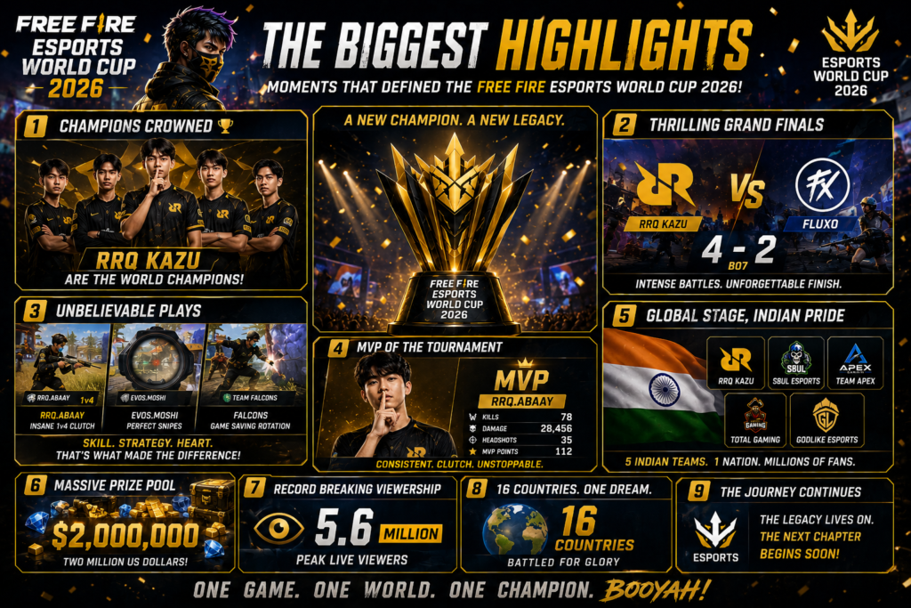 Free Fire Esports World Cup 2026 highlights featuring the champion team, thrilling finals, MVP player, Indian teams, and unforgettable tournament moments.