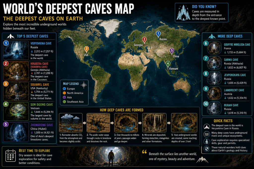 World map showing the locations of the world's deepest caves, including Veryovkina Cave, Krubera Cave, Son Doong Cave, and other famous underground cave systems.