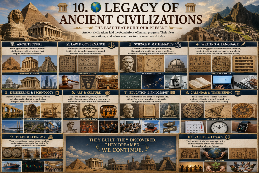Legacy of Ancient Civilizations showing their influence on modern architecture, law, science, writing, engineering, and culture.