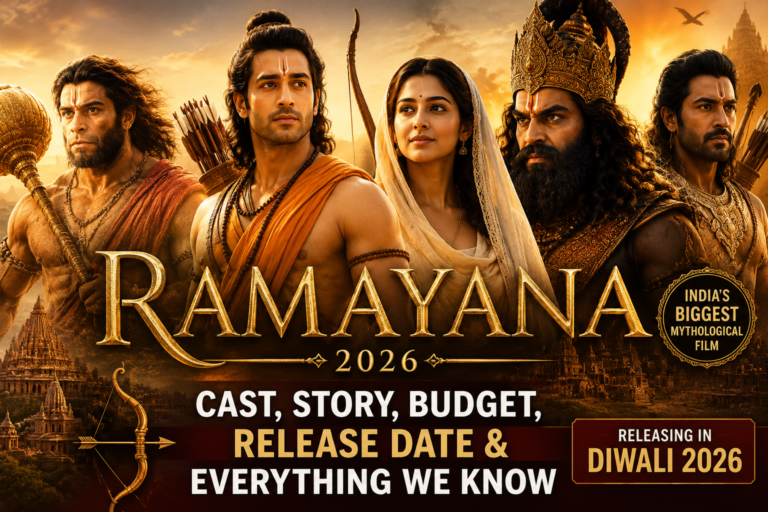 Ramayana (2026) feature image showcasing the main cast including Lord Rama, Sita, Ravana, Hanuman, and Lakshmana in an epic mythological movie poster.