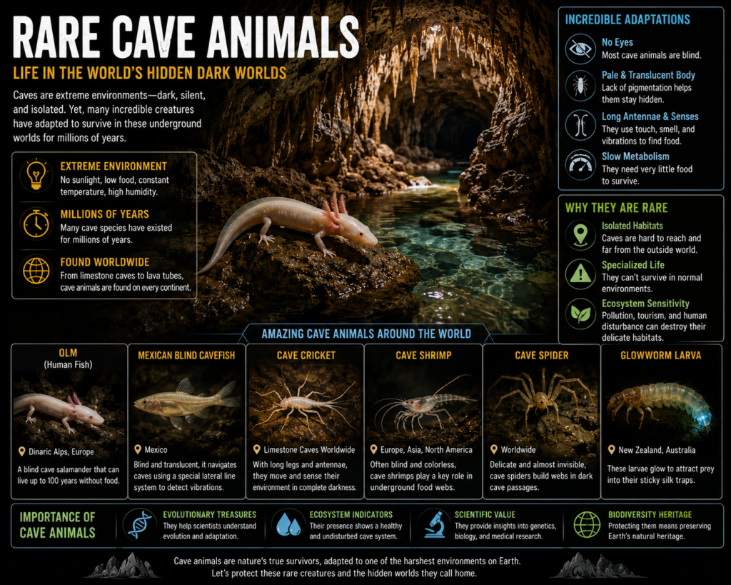 Rare cave animals including blind salamanders, cave fish, cave shrimp, cave spiders, and glowworms living inside dark underground cave ecosystems.