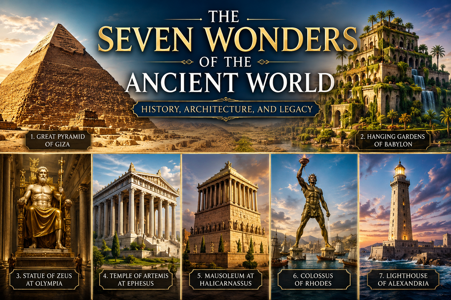 Seven Wonders of the Ancient World featuring the Great Pyramid of Giza, Hanging Gardens of Babylon, Statue of Zeus, Temple of Artemis, Mausoleum at Halicarnassus, Colossus of Rhodes, and Lighthouse of Alexandria.
