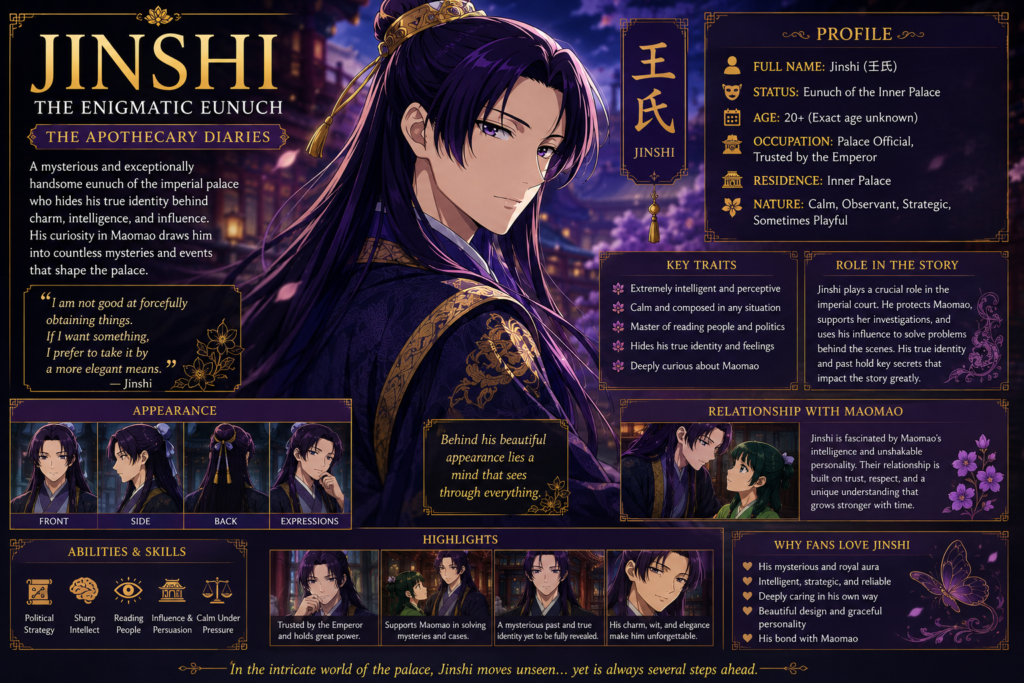 Jinshi from The Apothecary Diaries, the mysterious and intelligent palace official, featuring his profile, abilities, relationship with Maomao, and role in the Imperial Palace.